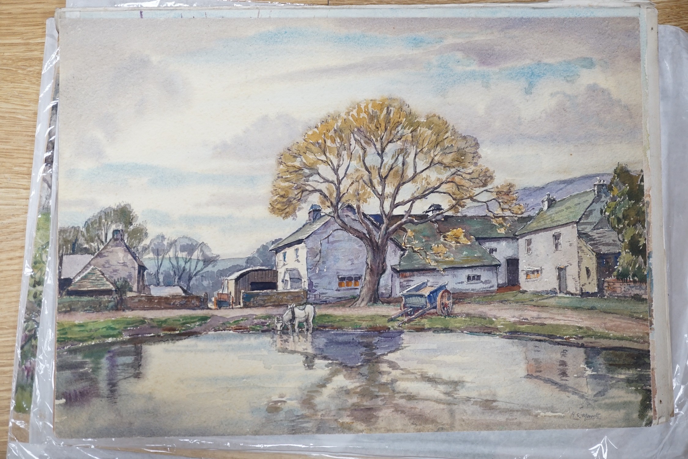 Harold Samuel Merritt and May Townsend, five watercolour landscapes by Merritt, Westmorland, Brittany and Shoreham Kent, largest 28 x 40cm, and two London Park views by Townsend, Kensington Gardens and Marble Arch, large
